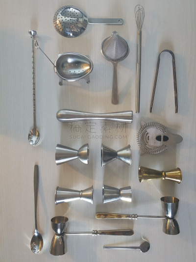 设备用品,调酒师,平铺,水平画幅,过滤勺,无人,饮料,金属,白色,搅拌钵