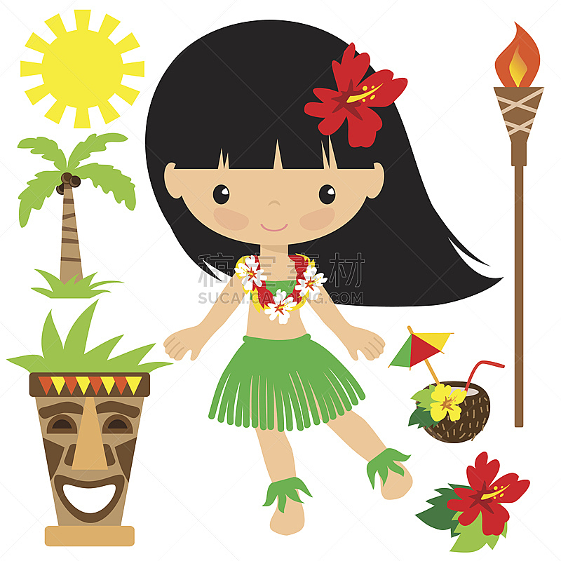 夏威夷大岛,矢量,绘画插图,草裙,呼啦舞者,可爱的,太平洋岛屿,背景分离,图像,儿童