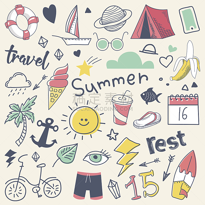 夏天,乱画,太阳,手,海浪,天气,沙滩派对,冷冻食物,船,草图