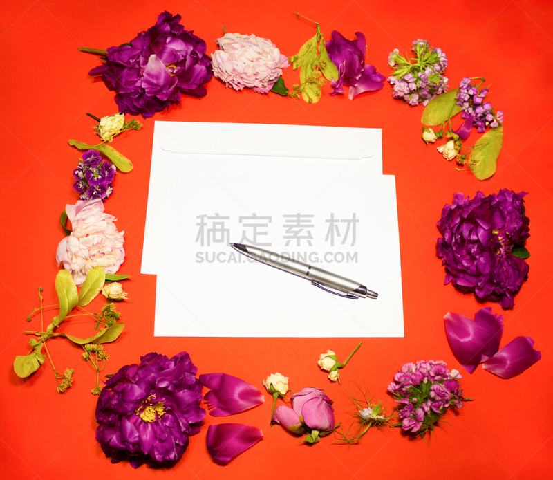 仅一朵花,信封,红色,水笔,留白,纹理效果,古典式,文档,模板,白色
