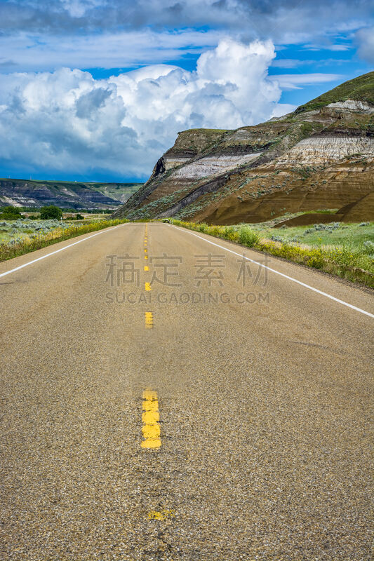 荒地,路,加拿大大草原,德兰赫姆山谷,大平原,双黄实线,南达科他州,草原,垂直画幅,天空