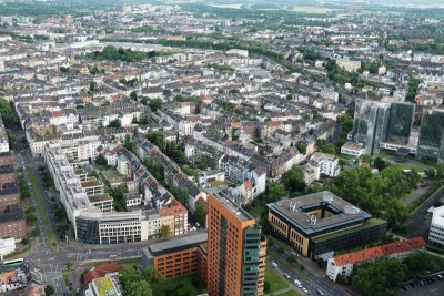 View from Rhine tower to Düsseldorf on River Rhine, Germany