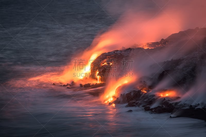 几劳亚活火山,熔岩,太平洋,慢跑,夏威夷大岛,夏威夷火山国家公园,夏威夷,水,水平画幅,夜晚