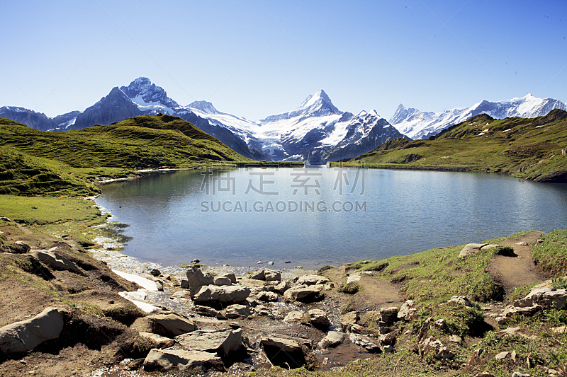 湖,山,瑞士,艾格峰,格林德瓦,少女峰,水平画幅,夏天,户外,阿尔卑斯山脉