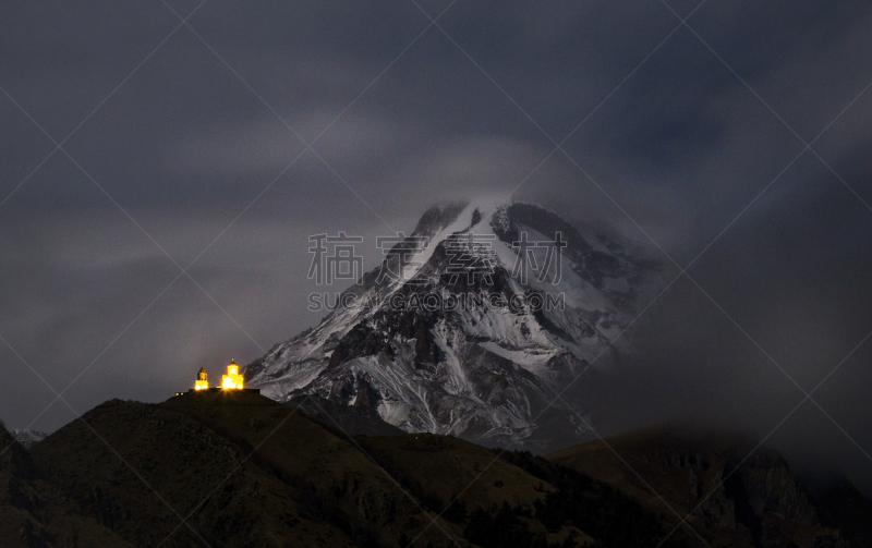 山,夜晚,修道院,水平画幅,雪,无人,回廊,小礼拜堂,户外