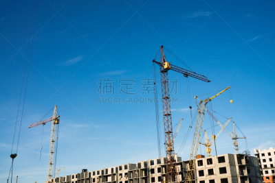 天空,建筑业,建筑工地,蓝色,城市,起重机,高视角,特写,背景聚焦,设计