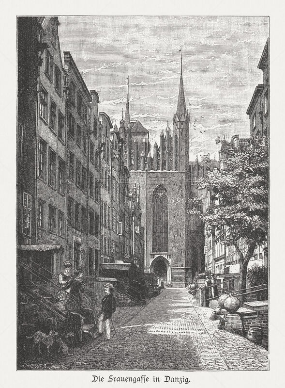 Mariacka Street (Frauengasse), Gdansk (Danzig), Poland, wood engraving, published 1884