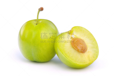 青梅,饮食,水平画幅,绿色,水果,无人,熟的,背景分离,特写,白色