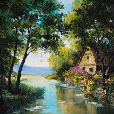 画布,房屋,河流,垂直画幅,水,艺术家,绘画插图,夏天