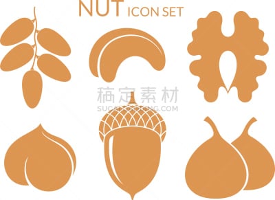 图标集,坚果,水果,白色背景,分离着色,橡树果,腰果,符号,背景分离,健康食物