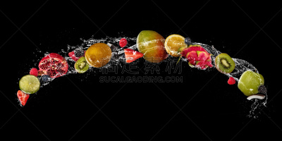 水果,切片食物,分离着色,黑色背景,水,水平画幅,湿,果汁,饮料,干净