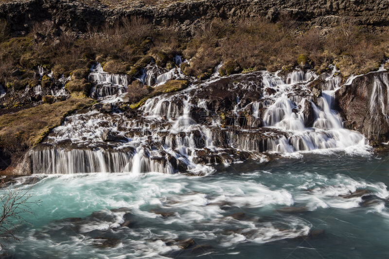 hraunfossar,熔岩,自然,水,水平画幅,地形,瀑布,无人,蓝色,夏天