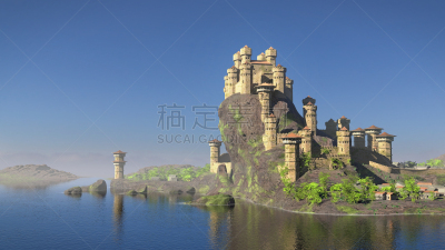 城堡,幻想,海洋,山,三维图形,从上面看过去,秘密,著名景点,天空,绘画插图
