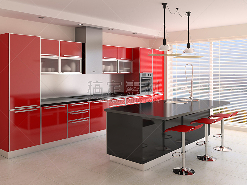 现代,红色,厨房,柜子,微波炉,窗户,住宅房间,水平画幅,形状,建筑