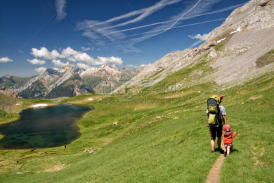 女儿,山,徒步旅行,自然美,父亲,天空,雪,旅行者,夏天,湖