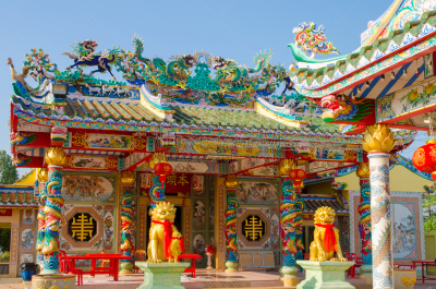 神殿,多色的,泰国,素可泰,杆,寺庙,龙,雕像,著名景点,灯笼