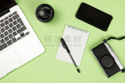 相机,彩色背景,笔记本,笔记本电脑,家庭工作间,书桌,平铺,桌面射击,组物体,柔和色