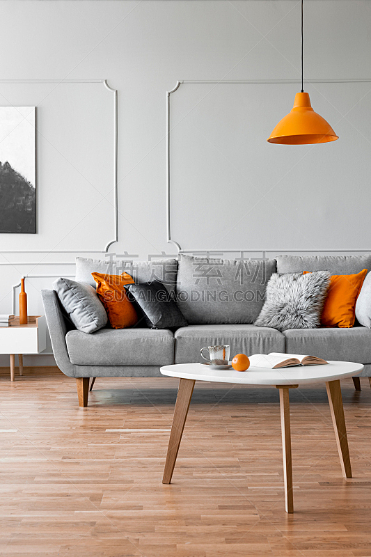 灰色,橙色,沙发,起居室,灯,舒服,茶几,地板,现代,豪宅
