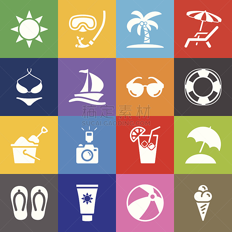 符号,夏天,彩色背景,海滩充气球,家庭影院,海滩遮阳伞,沙桶和沙铲,冬季服务,防晒霜,数码相机