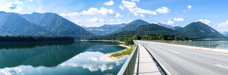 sylvenstein lake,桥,立交桥,地平线,水库,卡尔文德尔山脉,高架道路,路,全景,地形