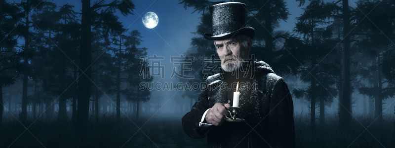 冬天,雾,男人,烛台,ebenezer scrooge,森林,夜晚,雪,古典式,性格