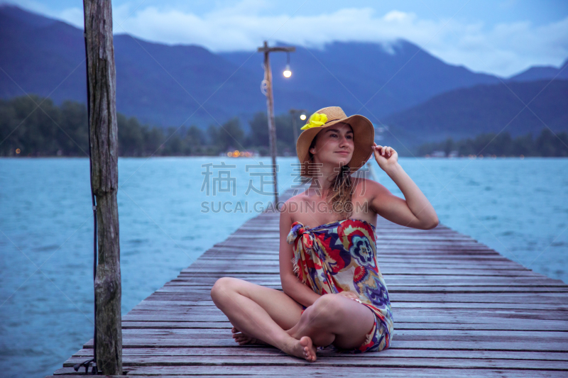码头,女孩,帽子,木制,长发,黄昏,晒黑,水,旅行者,夏天