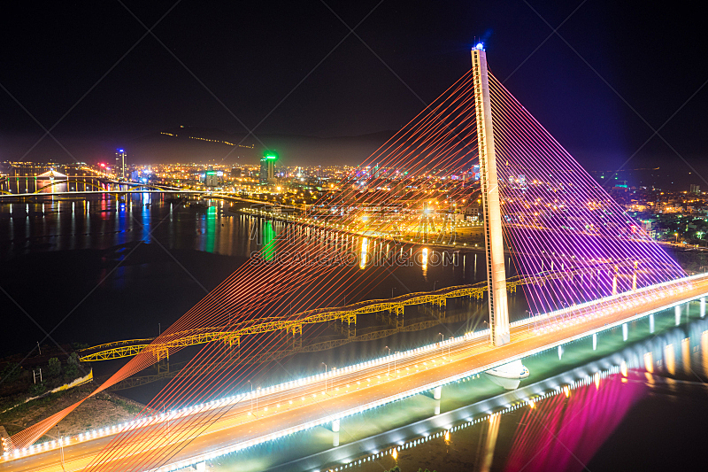 桥,岘港,汉江,水平画幅,夜晚,无人,符号,交通,户外