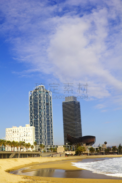 巴塞罗那,垂直画幅,沙子,艺术旅馆,小巴塞罗那海滩,旅行者,夏天,户外,都市风景,现代