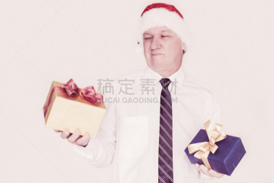 面部扭曲,男商人,礼物,办公室,圣诞帽,不确定,仓库,水平画幅,圣诞老人