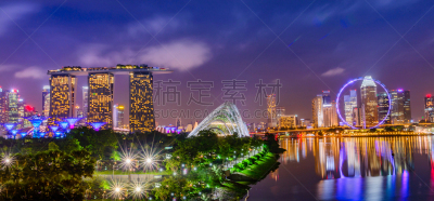 城市天际线,新加坡市,滨海湾公园,新加坡摩天观景轮,滨海湾 ,无人,全景,图像,水平画幅,摄影