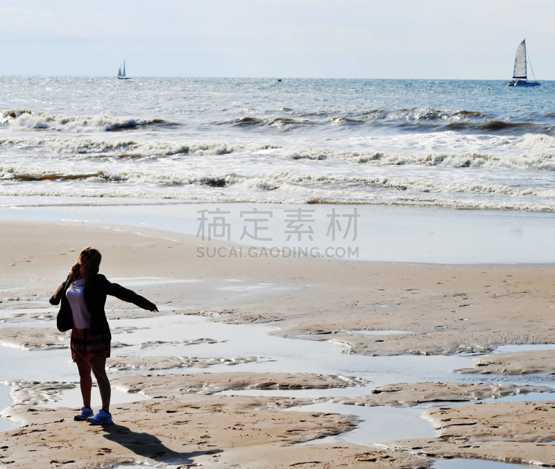 海滩,斯海弗宁恩,幸福,四肢,水平画幅,张开手臂,户外,船,海洋