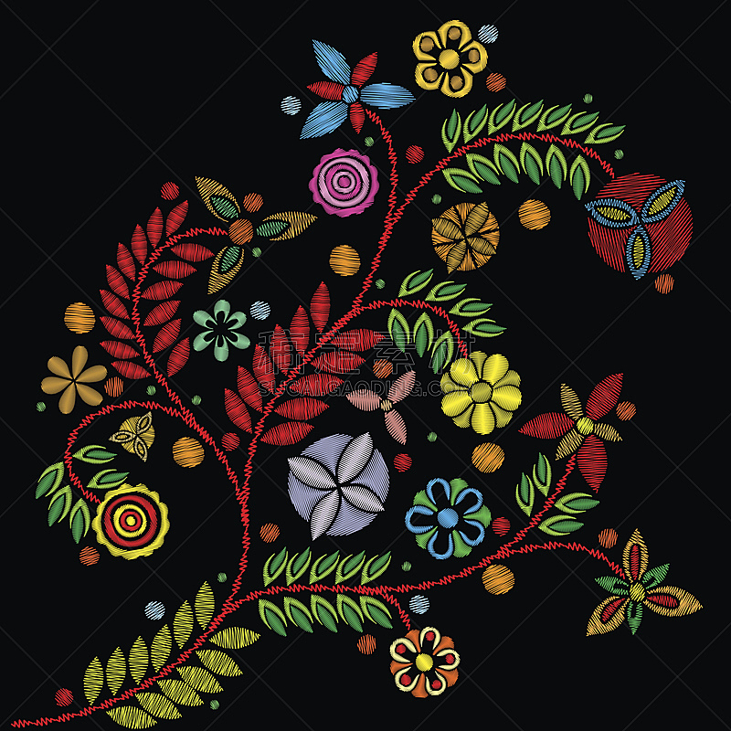传统,刺绣,矢量,衣服,多色的,花束,设计,花,排列