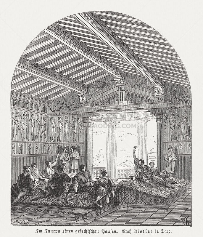 The Interior of a Greek house. Wood engraving after a drawing by Eugène Viollet-le-Duc (French architect and art historian, 1814 - 1879), published in 1880.