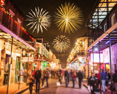 纽奥尔良,新年前夕,节日,法区,波本街,路易斯安那州,放焰火,霓虹色,阳台,路灯
