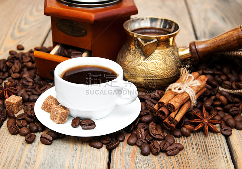 咖啡杯,金属,烤咖啡豆,褐色,芳香的,水平画幅,无人,早晨,茴芹,乡村风格