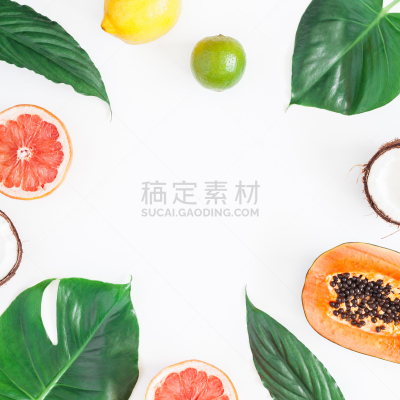 在上面,绿色,棕榈叶,风景,热带水果,平铺,留白,边框,素食,木瓜