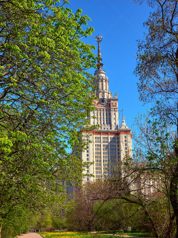 校园,天空,明亮,绿色,大学,莫斯科,蓝色,春天,日光,mikhail lomonosov