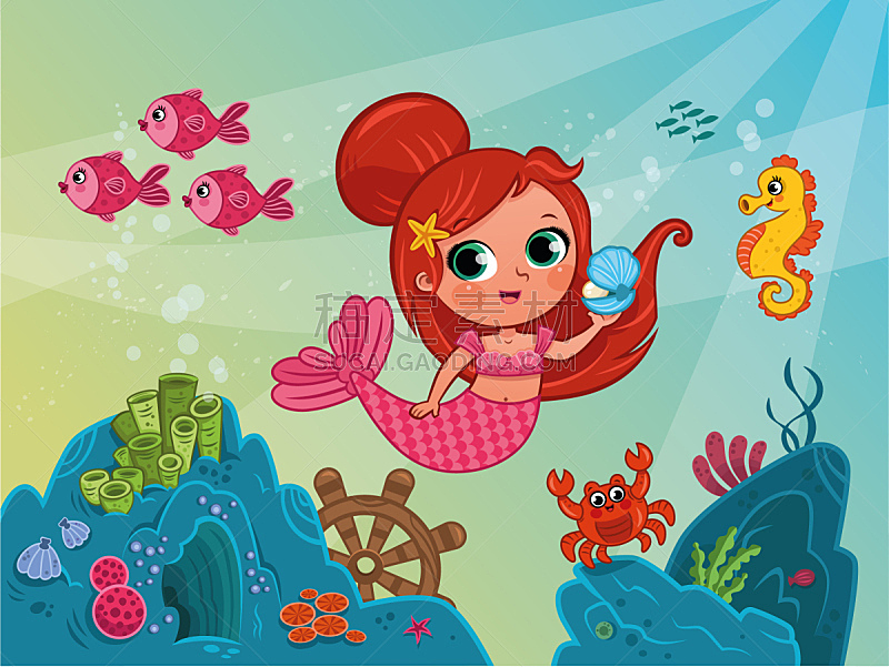 绘画插图,小美人鱼塑像,矢量,海洋,在下面,美,水平画幅,贻贝,海马,水下
