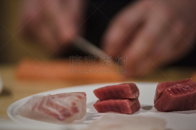 生鱼片,海产,清新,切片食物,工艺品,板前厨师,鲑鱼排,商业厨房,餐刀,正面视角