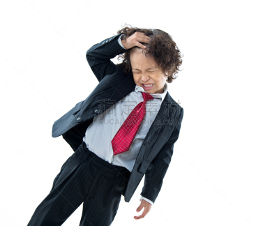 男商人,男孩,穿衣服,人的头部,模仿成人,不耐烦的,面部扭曲,生闷气的,正面视角,留白