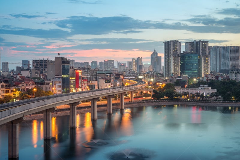 湖,都市风景,河内,航拍视角,风格,城市天际线,越南,暗色,曙暮光,长的