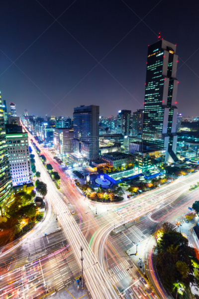 首尔,城市,居住区,江南区,垂直画幅,夜晚,无人,交通,户外,都市风景