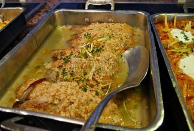 罗非鱼,杏酱,餐具,水平画幅,传统,椰子,膳食,杏,特写,肉