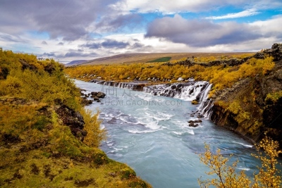 瀑布,冰岛国,水,美,水平画幅,无人,hraunfossar,夏天,户外,石材
