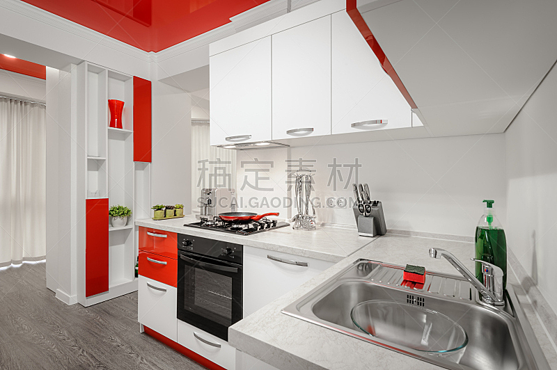 厨房,极简构图,白色,红色,室内,抽油烟机,华贵,摩尔多瓦共和国,炊具,燃气灶
