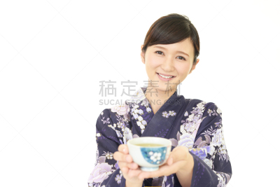 日本人,女人,七夕节,日式茶杯,便装和服,绿茶,和服,留白,半身像,健康