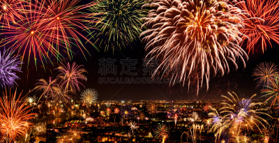 城市,焰火,留白,水平画幅,美国国庆日,夜晚,全景,周年纪念,城市生活,户外