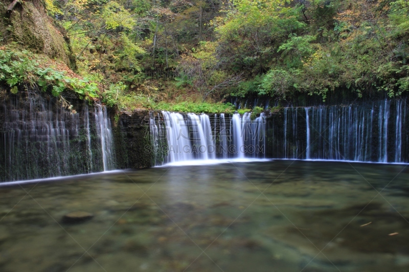 瀑布,水,里山,度假胜地,水平画幅,长野县,无人,夏天,户外,著名景点