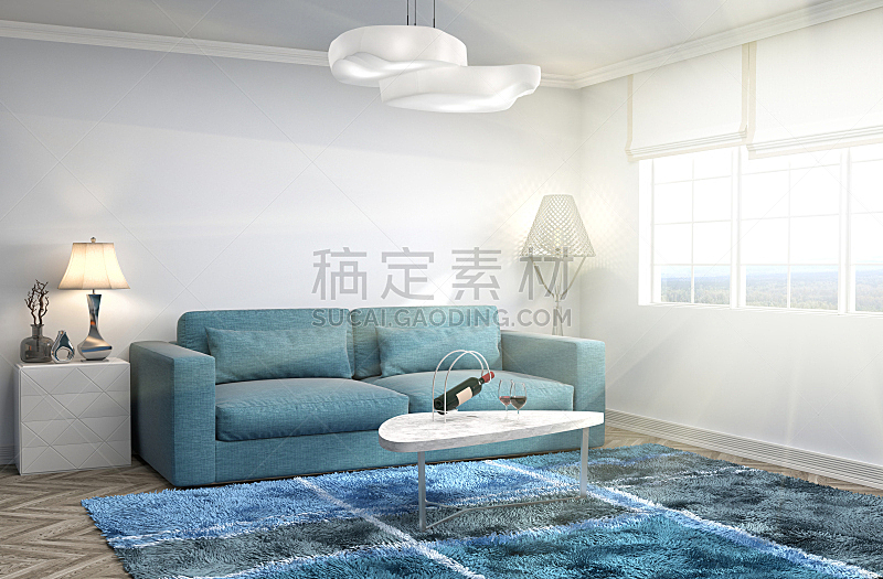 沙发,室内,三维图形,座位,水平画幅,无人,蓝色,装饰物,家具,舒服