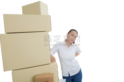 女人,背痛,盒子,痛苦,白色背景,分离着色,身体活动,商务,纸盒,泰国